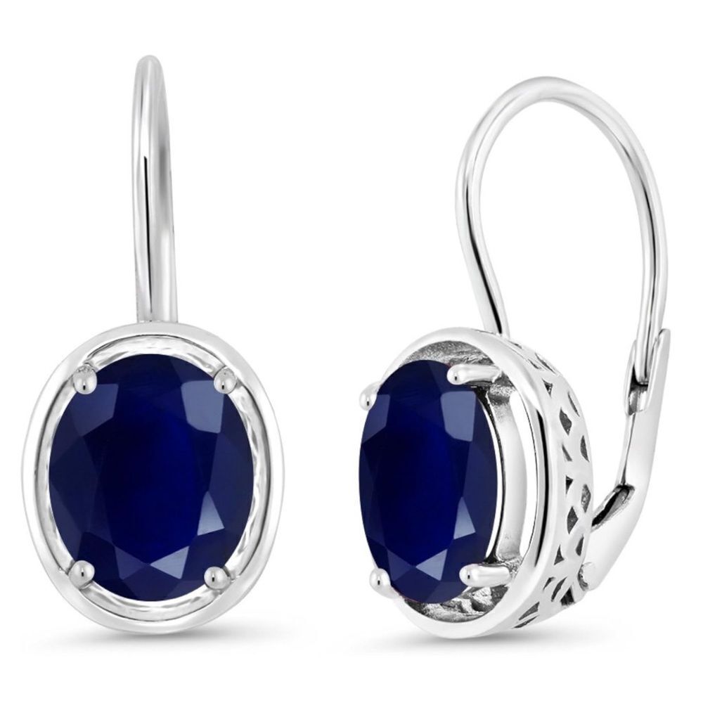 925 Sterling Silver with 5.00 Cttw Navy Blue Sapphire Oval Leverback Earrings - Picture 1 of 5